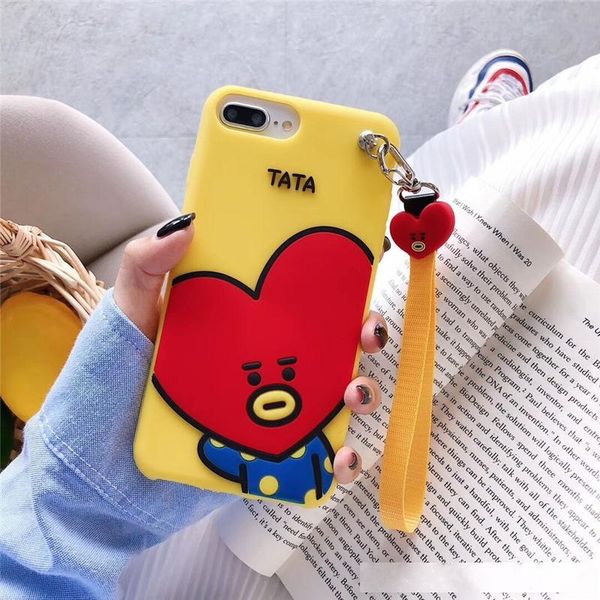 

luxury cute cartoon bt21 soft silicone wriststrap phone case for iphone 11 pro x xr xs max 6s 7 8 6 plus cover girl gift coque