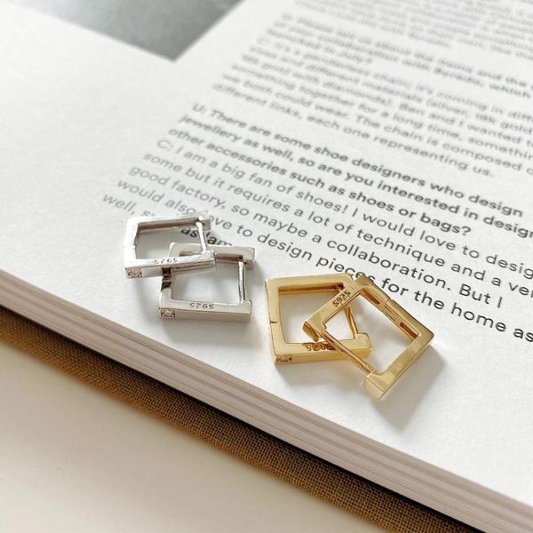 

hoop & huggie square earrings 925 sterling silver female simple fashion ins wind zircon geometric cool, Golden;silver
