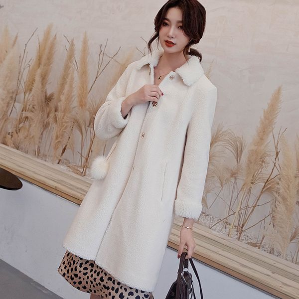

women's fur & faux grain sheep shearing wool coat woman long model 2021 special one lamb, Black