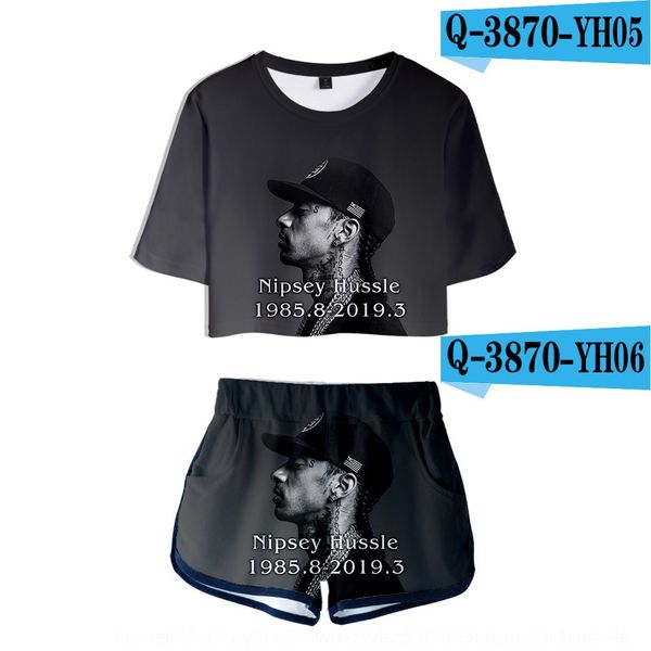 

nipsey pants suit t-shirt shorts hussle american rapper navel short-sleeved t-shirt + shorts suit lat25, Gray
