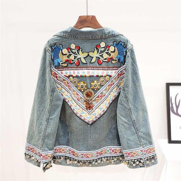 

2020 korean fashion denim jacket woman boho embroidery light blue loose denim coat vintage chic chain tassel jeans jacket female, Black;brown