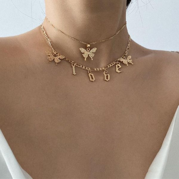

2pcs bohemian cute butterfly pendant necklace for female 2020 trendy vintage clavicle chain necklace statement jewelry gift, Silver
