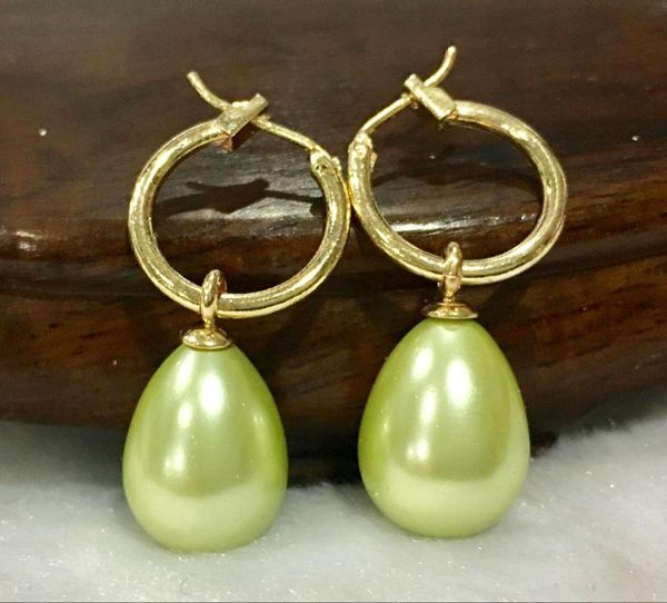 

large 12x16mm drip olive south sea shell pearl dangle earring, Silver