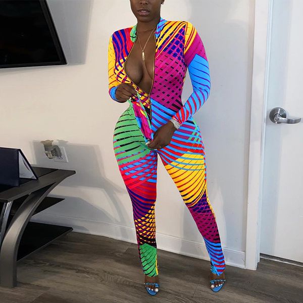 

geometric full length patchwork pants bodysuit stand collar jumpsuits for woman with zipper spring autumn fashion female rompers