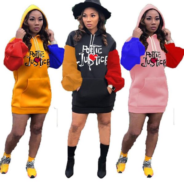 

women embroidery letters hoodies dresses autumn winter puff sleeve hooded blouse dress constrast color sweatshirts one piece dress d9904, Black;gray