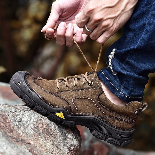 

boots style outdoor full genuine leather men brand mountain wear resistant shoes fur soft non-slip plus size casual, Black