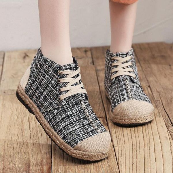 

johnature women boots 2020 new women shoes lace-up round toe flat with plaid sewing concise handmade ankle platform boots, Black