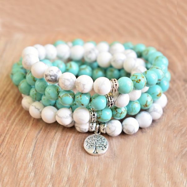 

tennis tree of life charm bracelet meditation beads 108 mala healing t-urquoise howlite beaded bracelets spiritual jewelry men, Golden;silver