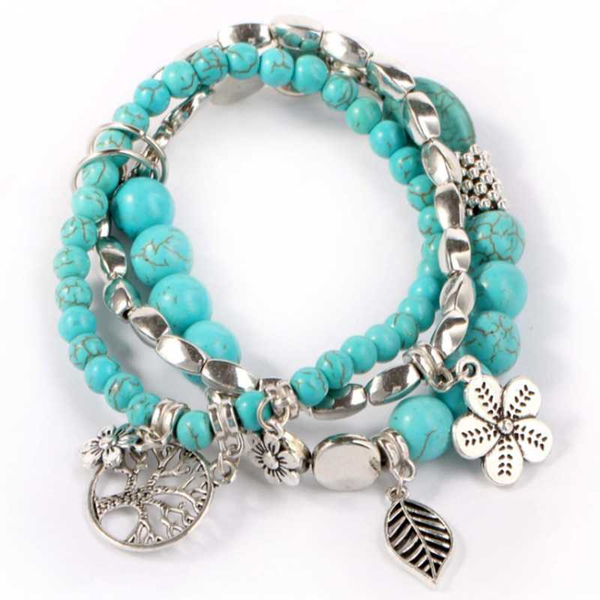 

silver plated alloy leaf tree of life green turquoises stone bracelet flower ethnic style jewelry, Black