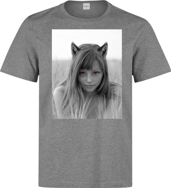 

2019 new summer men fashion red eyed wolf girl p art men's (woman's available) grey t shirt tee shirt