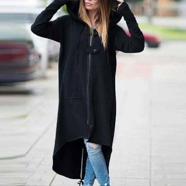 

women's wool & blends women hooded asymmetric long sleeve zipper up button sweatshirt coat casual autumn winter solid ladies hoodie, Black