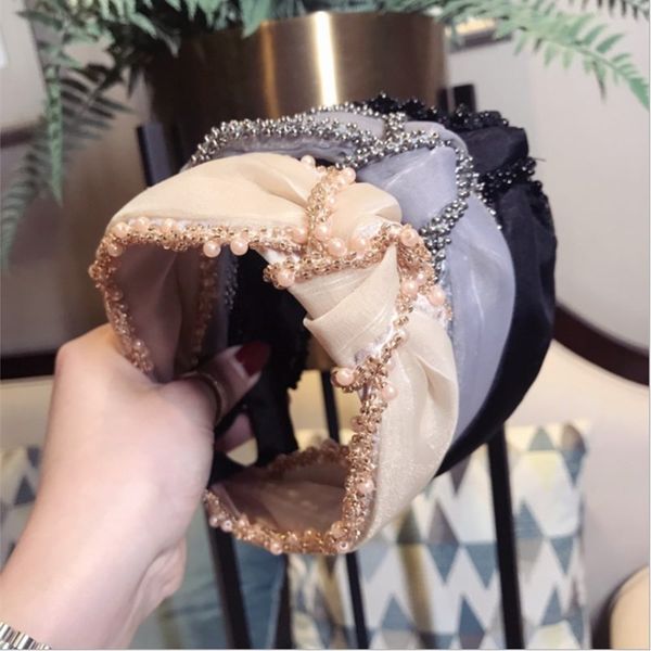 

high-end luxury hair accessories women's beaded mesh mesh headband middle knot wide-brimmed headband hair band fashion headwear