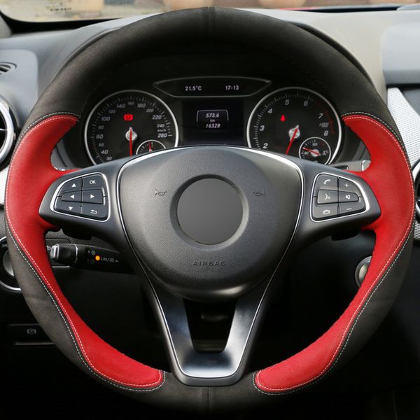 

hand-stitched car steering wheel cover black red suede for mercedes-benz c180 c200 c260 c300 b200 ing