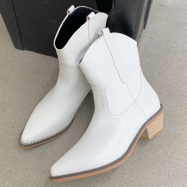 

2020 winter fashion women pointed toe black ankle boots slip on brown cowboy boots soft leather white short ladies shoes