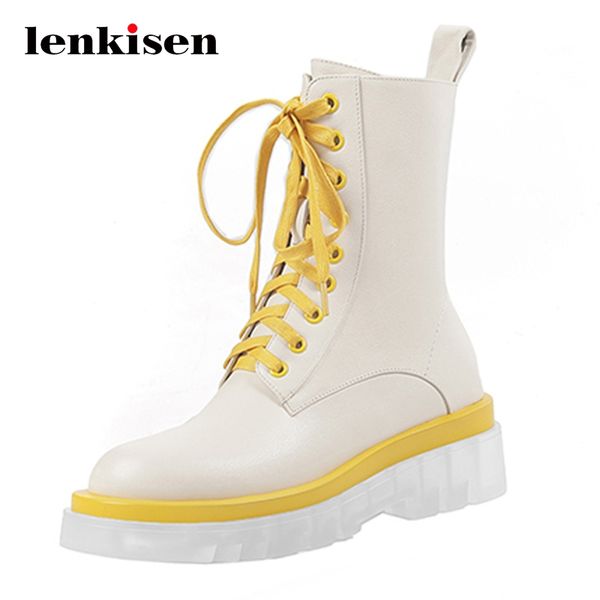 

lenkisen new motorcycle boots genuine leather mixed colors platform round toe thick med heel zipper punk popular ankle boots l36, Black