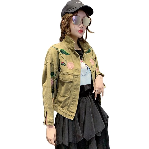 

women's jackets fashion spring and autumn korean version of embroidery beaded short loose wild student long sleeve jacket, Black;brown