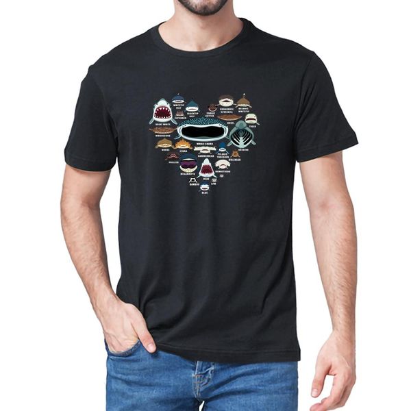 

heart love shark faces printed men's t-shirt funny sharks marine life lovers men short sleeve t-shirt cotton gift women tee