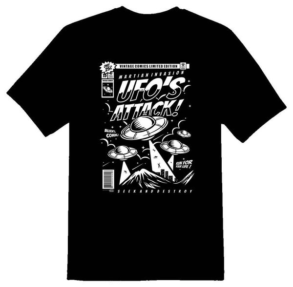 

2020 summer fashion ufos attack black and white comic runing for your life tee shirt black or white tee shirt