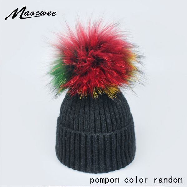 

beanie/skull caps beanies wool winter real fur hats for women colorful raccoon pom poms brand warm knitted hat female skullies, Blue;gray