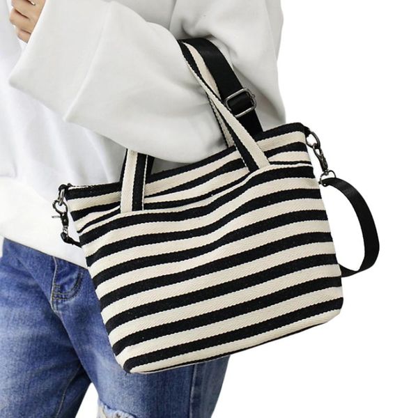 

women striped handbags adjustable strap zipper large capacity shoulder bag casual canvas daily shopping bag