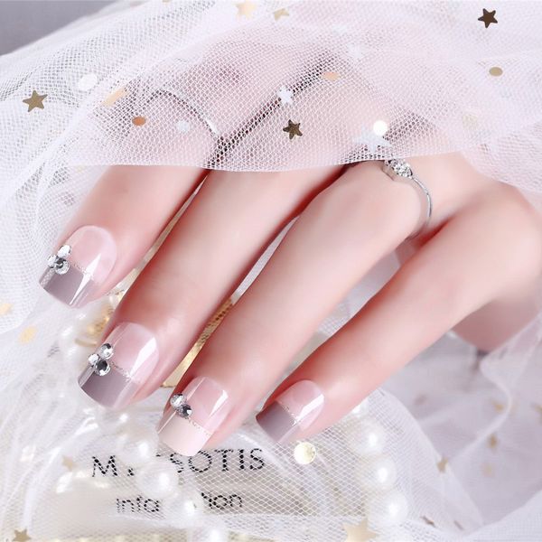 

24pcs light grey false nails with rhinestone crystal short full nail tips acrylic fake nail with glue wedding decor art ty, Red;gold