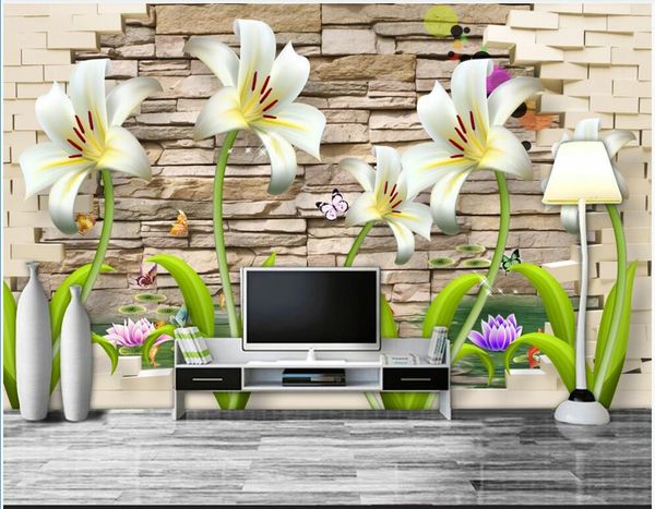 

wdbh custom p mural 3d wallpaper lily flower on vintage brick wall living room home decor 3d wall murals wallpaper for walls 3 d