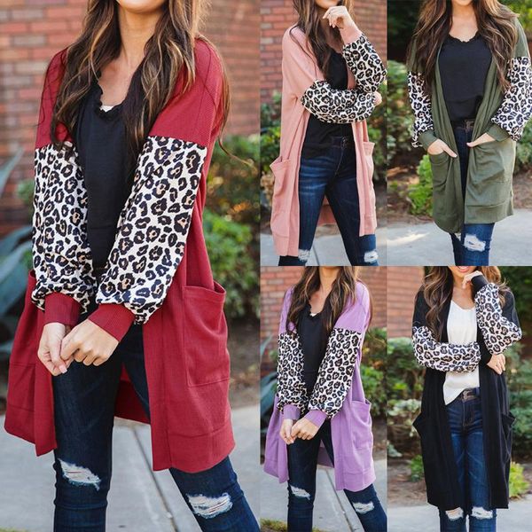 

women fashion leopard turn-down collar patchwork long sleeve outwear cardigan female ladies pocket jacket streetwear, White
