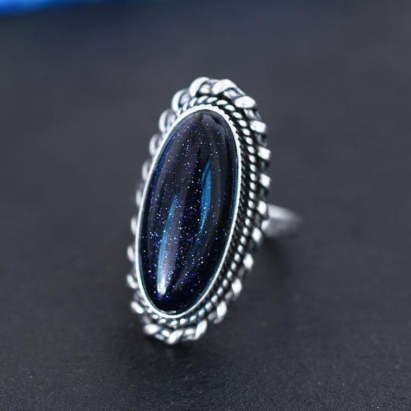 

women's ring 925 sterling silver jewelry vintage blue sand hollow elegant ring gift party wedding party gift 11*25, Golden;silver