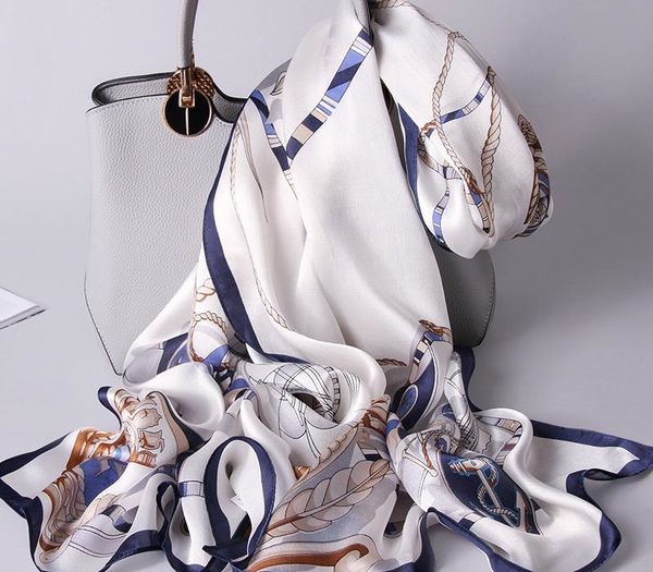 

100% real silk scarf women brand 2020 hangzhou pure silk shawls and wraps for ladies foulard printed natural long scarves, Blue;gray