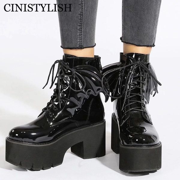 

womens lace up autumn boots shoes woman on platform black high heels patent leather ankle demonia boots punk goth 2020 gothic