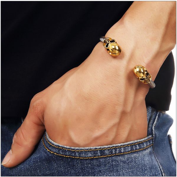 

hip-hop charm gold skull man bracelet stainless steel fashion nightclub party dj speaker stretch cuff bangle, Golden;silver