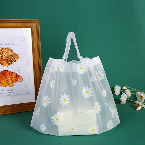 

50pcs thick plastic bags with handles frosted chrysanthemum fast bento packaging bag clothing boutique store shopping bag