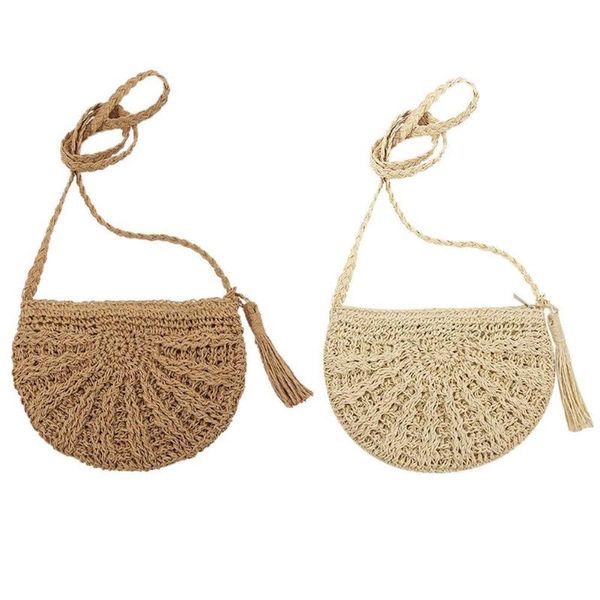 

women shoulder messenger bag straw-woven bags semi-circle tassel japan and korea style vacation beach pack cell phone purse