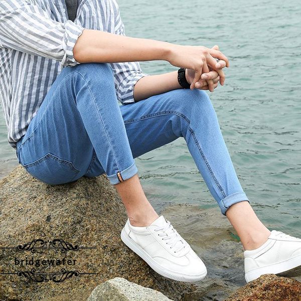 

autumn thin ankle-length jeans mens youth pants light-colored feet pant casual fashion all-match pants, Blue