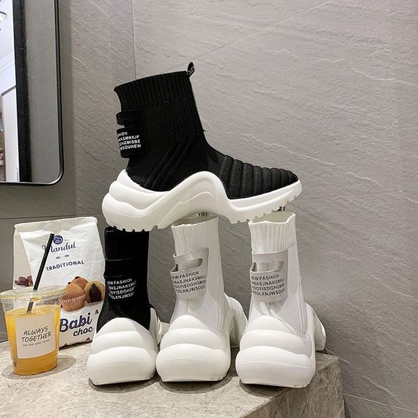 

fashion sock boots for women 2020 winter brand ankle boots platform chunky women's slip on shoes woman black white