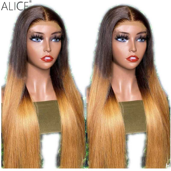 

alice ombre 150% density 13×4 t-part lace front human hair wigs scalp closure wigs with baby hair non-remy, Black;brown