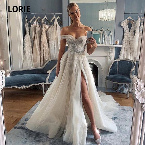 

lorie off the shoulder tulle wedding dresses sleeveless open back beach bridal gowns princess boho wedding gowns with split, Blue;red