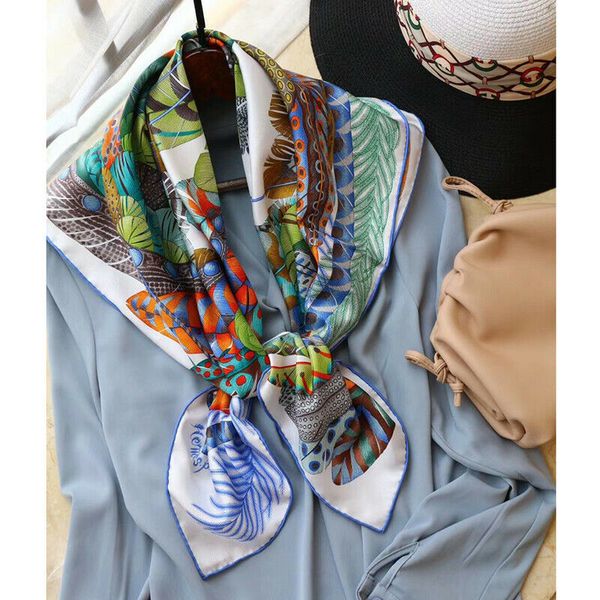 

scarves 100% twill silk scarf bandana fashion aztec tribal style feather print shawl hijab hand rolled kerchief 90*90cm, Blue;gray