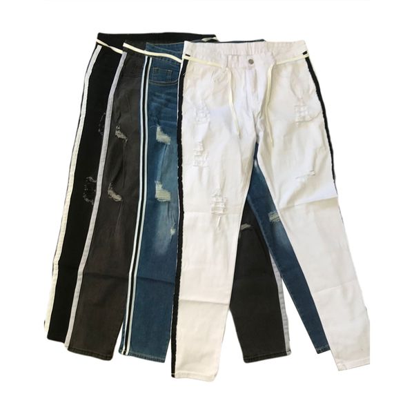 

fashion 2020 men's skinny ripped jeans destroyed fashion comfy stretch stripe trim denim pants, Blue