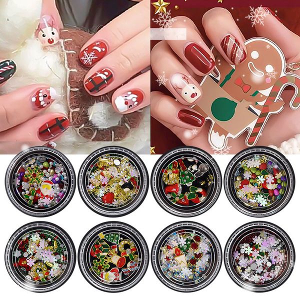 

8 designs/box christmas xmas jewelry mix tree snowman nail art decorations alloy metal diy 3d nail rhinestones tools, Silver;gold