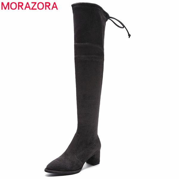 

boots morazora 2021 plus size 33-42 pointed toe women zip flock leather thigh high autumn fashion square heel long, Black