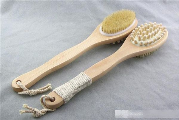 

35*7.5cm short handle bath brush natural boar bristles body scrubber dry skin back brush with massage nodes