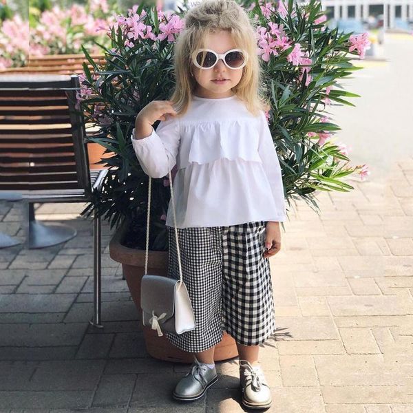 

весна осень малышей детские ребёнки эпикировка одежда с длинным рукавом оборками t-shirt top + клетчатые брюки set оптовая свободный корабль, White
