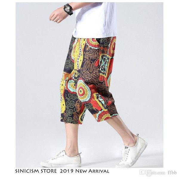 

sinicism store men summer harem pants 2019 print streetwear harajuku pants mens chinese style casual calf-length 5xl, Black