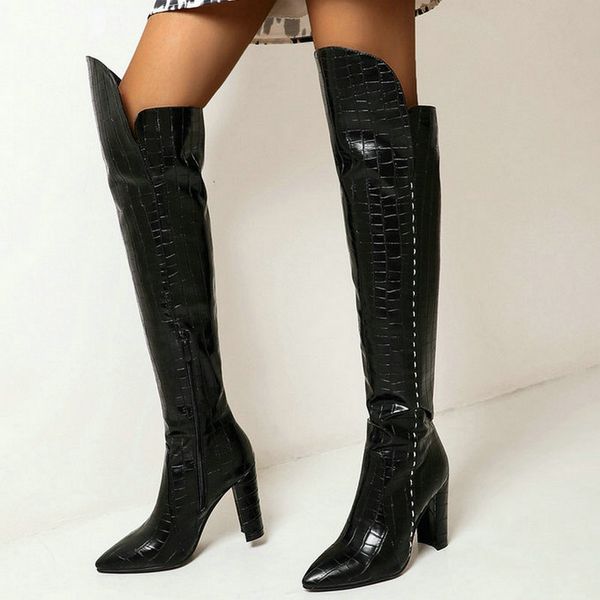 

pu leather women over the knee boots thick high heel pointed toe women long boots zipper fashion winter big size 43, Black