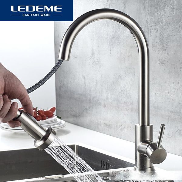 

ledeme kitchen faucet 360 degree rotation pull out tap sink mixer taps brushed stainless steel kitchen faucets l76005-1 t200424
