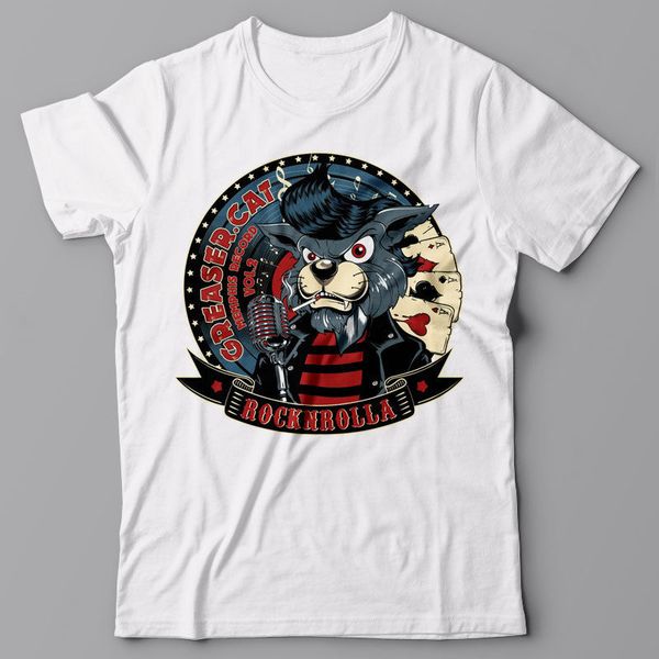 

print o-neck mens t-shirt graphic tee - greaser cat rock-n-roll summer style t shirt men