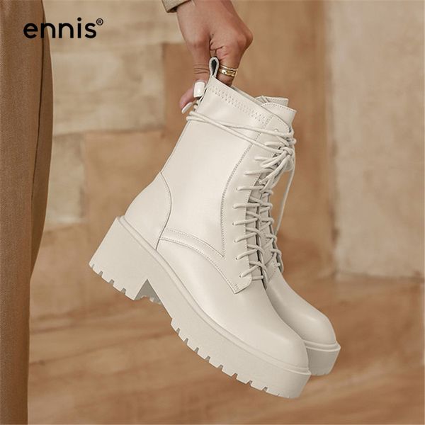 

ennis martins women's shoes genuine leather lace-up ankle boots chunky heel platform woman short boots autumn winter new a0259, Black
