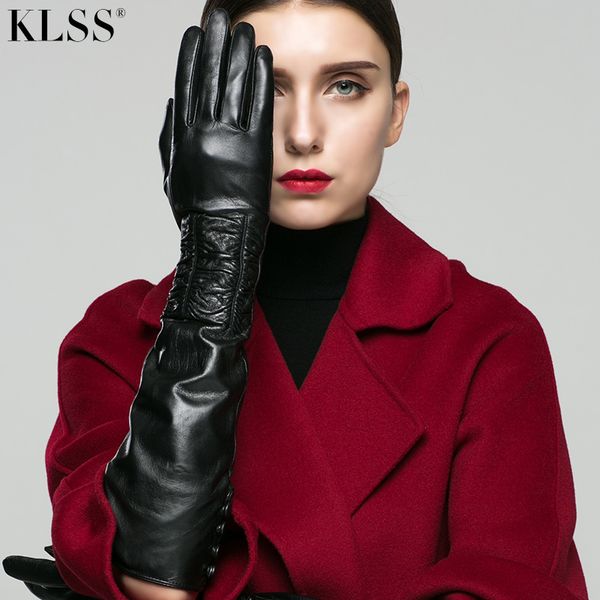 

klss brand genuine leather women gloves about 50cm long fashion elegant black goatskin glove autumn winter plus velvet x80, Blue;gray