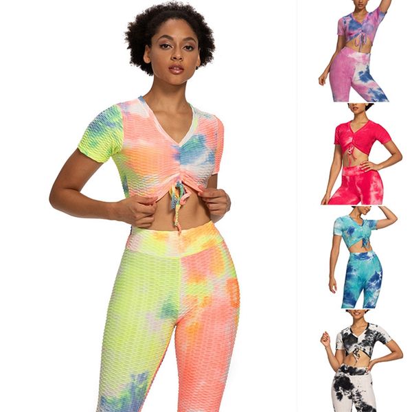 

new-women's fitness exercise tie-dye ink drawstring jacquard bubble short-sleeve yoga wear, White;red